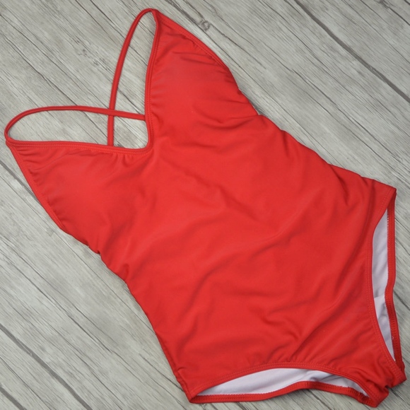 Red Lace Up Back Ruch Bottom One-Piece Swimsuit - Picture 3 of 7